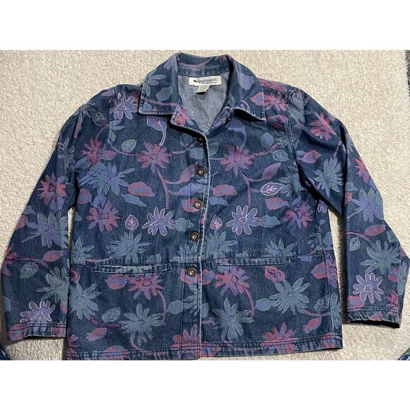 VTG Appleseed's Womens Size PM Petite Medium Floral Button Up Denim Jean Jacket - Picture 1 of 8